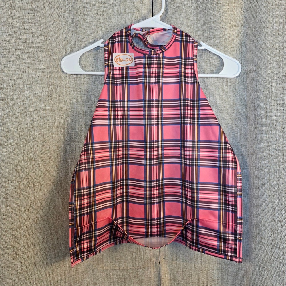 BIB-ON Toddler Full Coverage Bib Apron Pink Plaid Waterproof Polyester Laminate